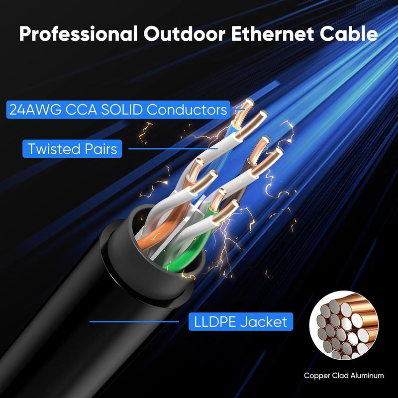 VOIETOLT كابل إيثرنت خارجي Cat 6 بطول 100 قدم، 24AWG بسرعة 10Gbps، كابل Cat6 مقاوم للماء للدفن المباشر بغطاء LLDPE UV، كابل شبكة إنترنت مع 20 رباط يدعم POE Cat6 Cat5e Cat5، CCA، UTP لجهاز الكمبيوتر - Image 4